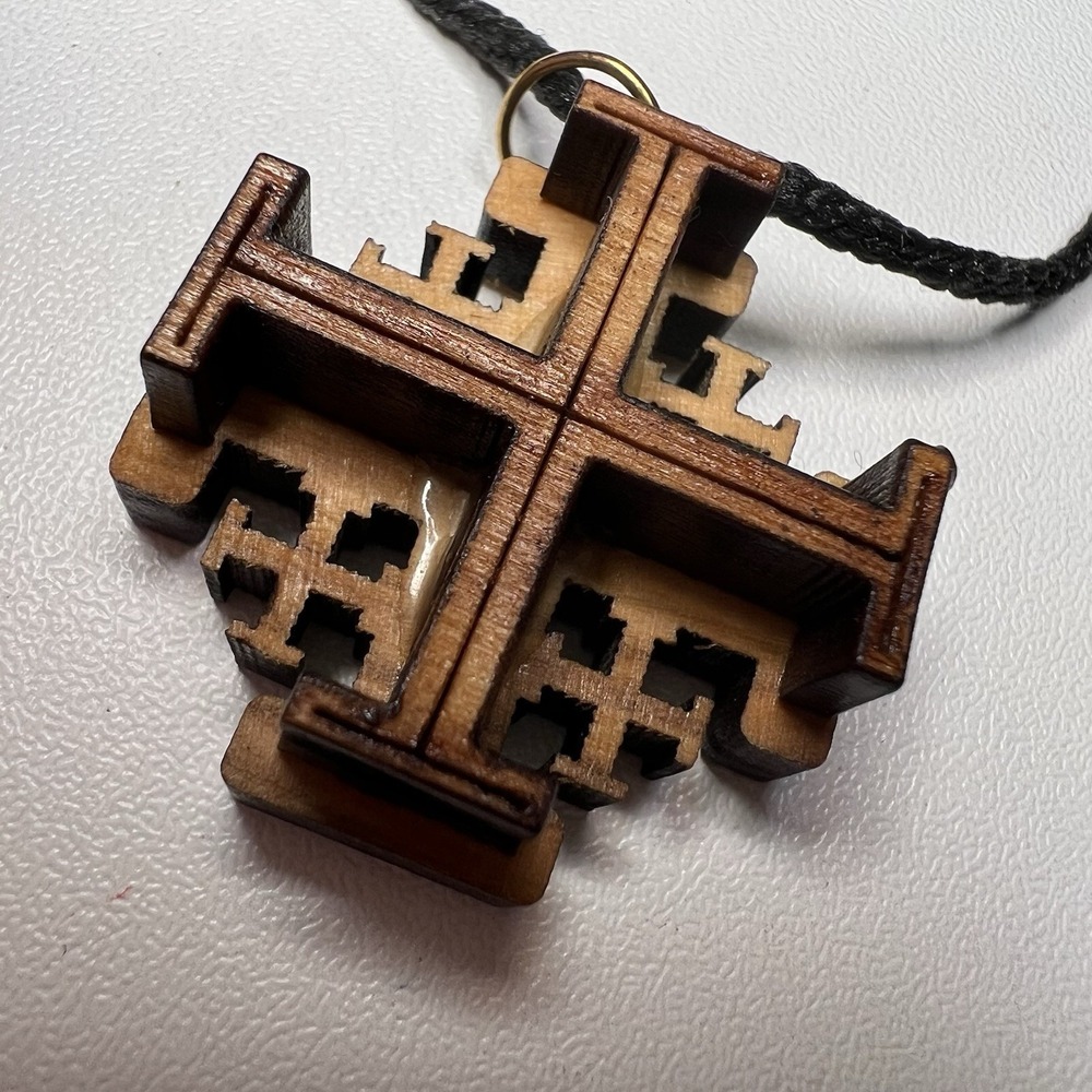 Hand-crafted Olive Wood Nexklace 3D Jerusalem Cross Pendant Nylon Cord‎
